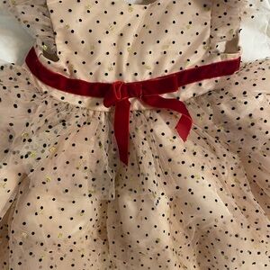 Blueberi Boulevard Blush Pink Polka Dot Tulle Dress with Red Velvet Bow